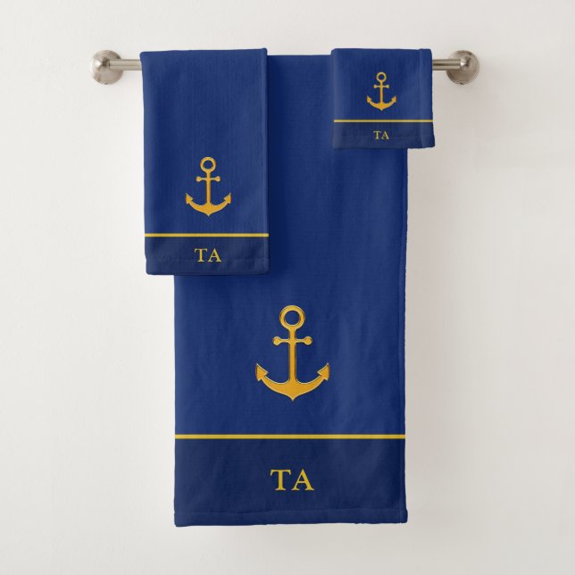 Golden Anchor & Monogram on Navy Blue Badhandtuch Set (Insitu)