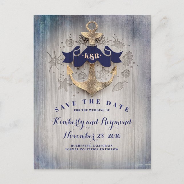 Golden Anchor Nautical Save the Date Ankündigungspostkarte (Vorderseite)