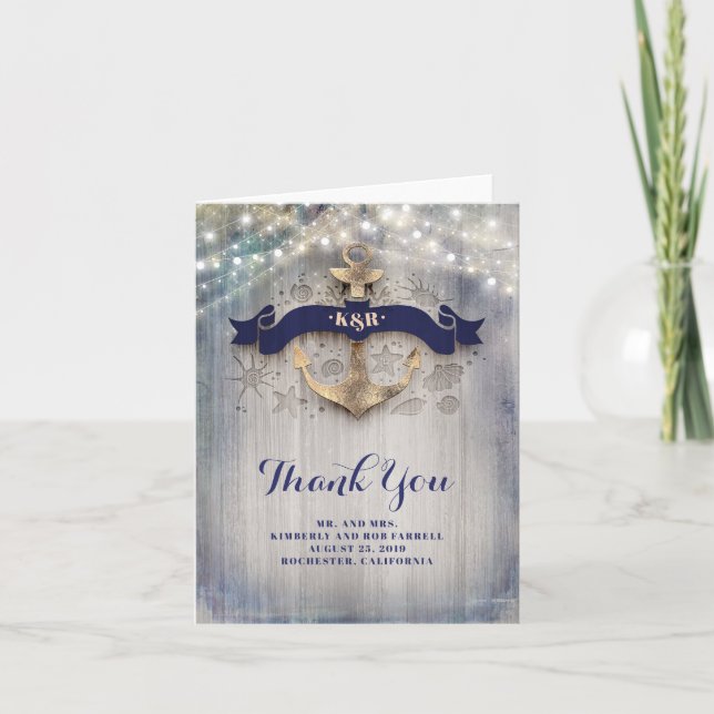 Golden Anchor Nautical Wedding Vielen Dank Dankeskarte (Vorderseite)