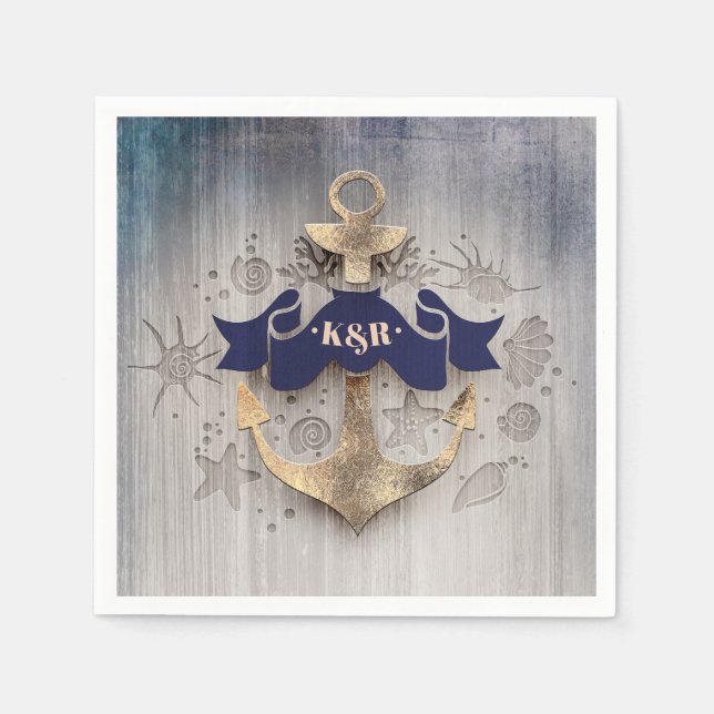 Golden Anchor Navy Blue Nautical Wedding Serviette (Vorderseite)