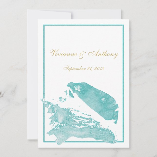 Golden and Aqua Marine Seashell Wedding Einladung (Vorderseite)