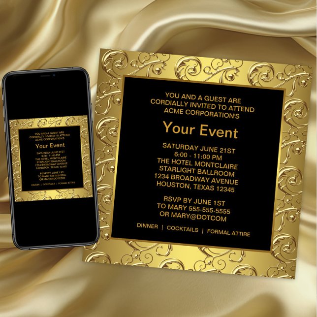 Golden and Black Corporate Party Event Einladung (Black and gold Corporate Party Event Invitation. Any occasion. For download and print.)