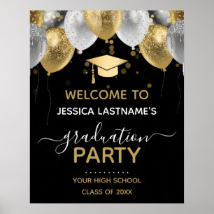Golden and Black Glitzer Balloons Graduation Party Poster