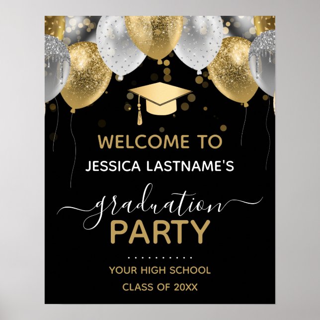 Golden and Black Glitzer Balloons Graduation Party Poster (Vorne)