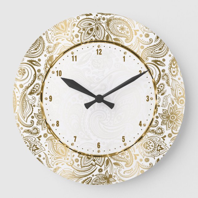 Golden and White Floral Paisley Große Wanduhr (Vorderseite)