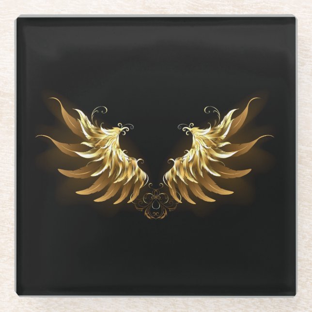Golden Angel Wings auf schwarzem Hintergrund Glasuntersetzer (Vorderseite)