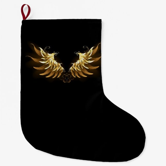 Golden Angel Wings auf schwarzem Hintergrund Großer Weihnachtsstrumpf (Vorderseite)