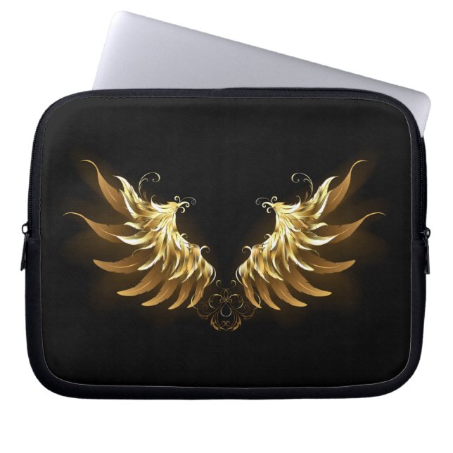 Golden Angel Wings auf schwarzem Hintergrund Laptopschutzhülle (Vorderseite)