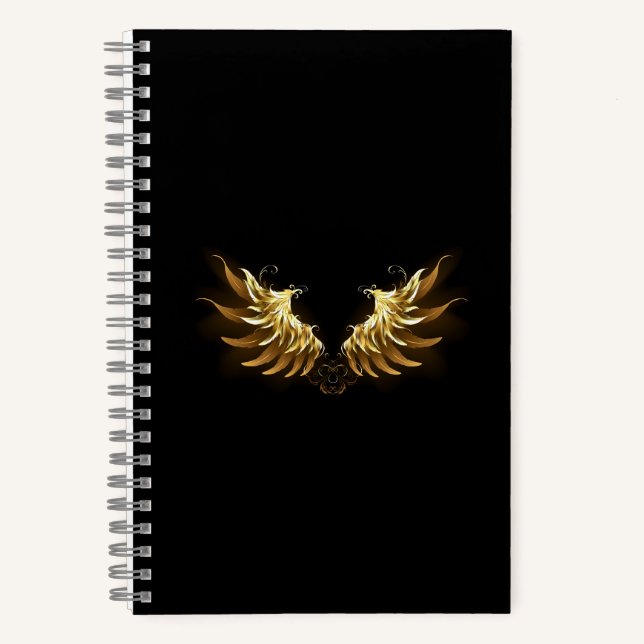 Golden Angel Wings auf schwarzem Hintergrund Notizbuch (Vorderseite)