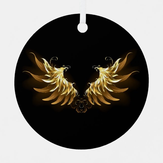 Golden Angel Wings auf schwarzem Hintergrund Ornament Aus Metall (Vorderseite)