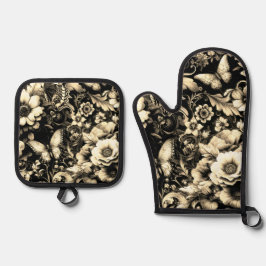 Golden Antique Bloral mit Schmetterlingen Ofenhandschuh & Topflappen-Set