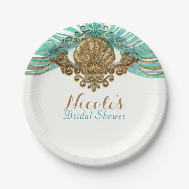 Golden & Aquamarin Sea Muschel Glam Beach Party El Pappteller (Vorderseite)