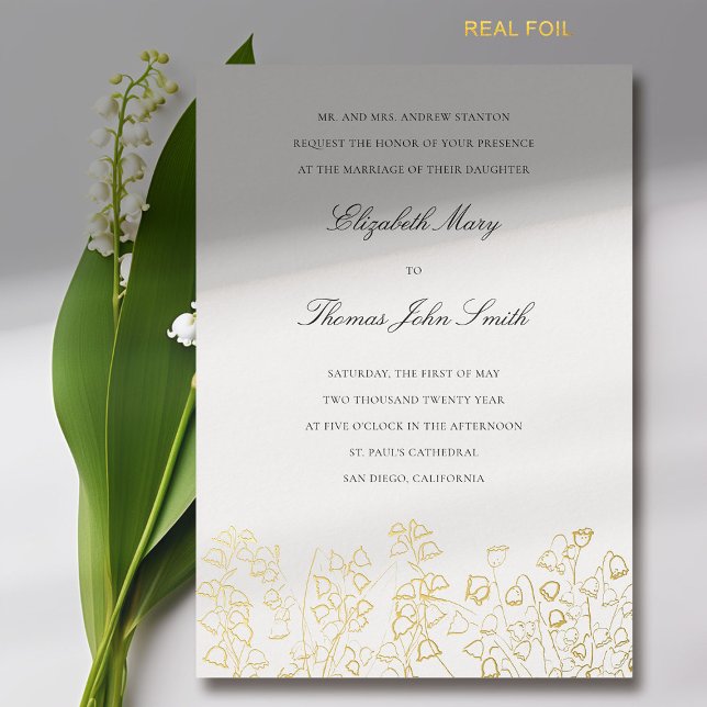 Golden Art Floral Sketch Lily Tal Feierliche Hochz Folieneinladung (lily of the valley wedding invitation formal traditional elegant gold foil floral sketch fine art )