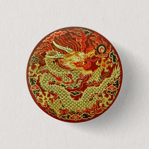 Golden asian dragon bestickt in dunkelrot button