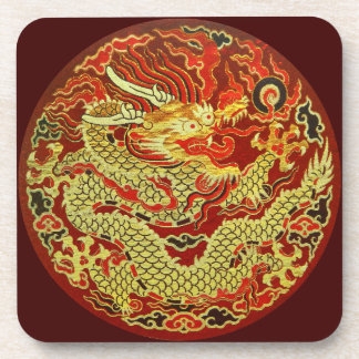 Golden asian dragon bestickt in dunkelrot getränkeuntersetzer