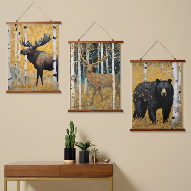 Golden Aspen Art Nouveau Tiere Wandteppich Mit Holzrahmen (Asymmetrisch)