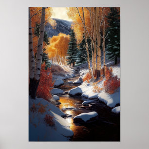 Golden Aspen Trees im Schnee am Fluss Poster