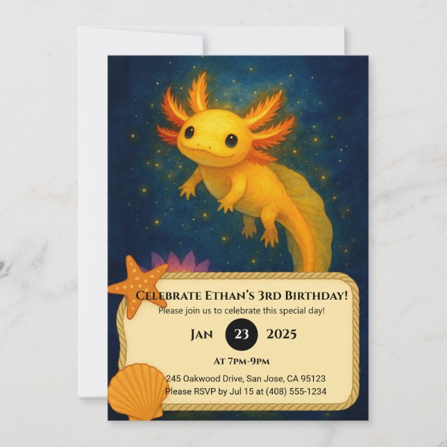 Golden Axolotl Over Lotus Pond Birthday  Einladung (Vorderseite)