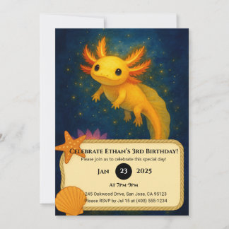 Golden Axolotl Over Lotus Pond Birthday Einladung