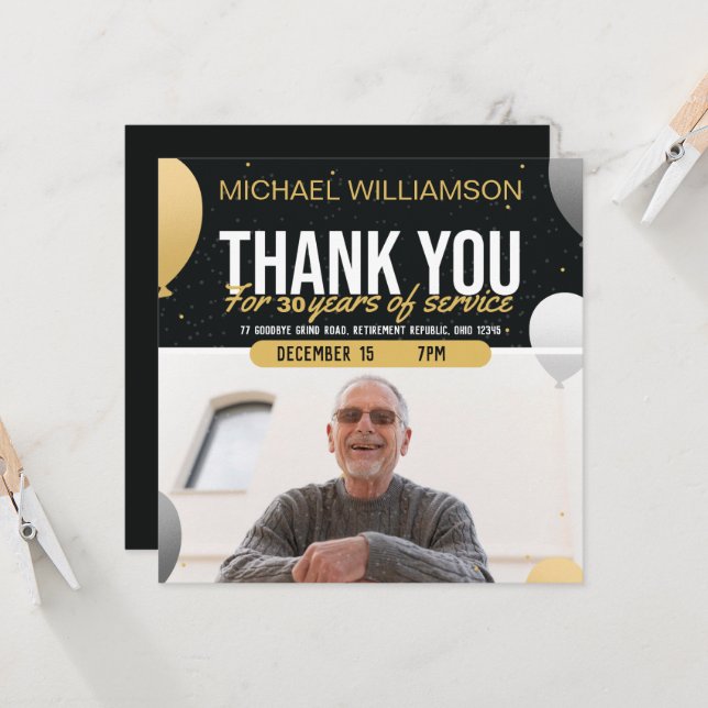 Golden Balloon Retirement Party Photo Invitation (Vorderseite/Rückseite Beispiel)