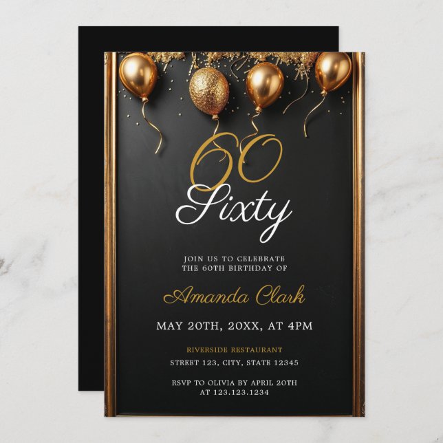 Golden Balloons Confetti & Frame 60. Geburtstag Einladung (Vorne/Hinten)