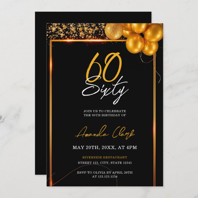 Golden Balloons und Confetti Frame 60. Geburtstag Einladung (Vorne/Hinten)