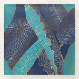 Golden Banana Leaf: Luxuriöses Muster. Glasuntersetzer
