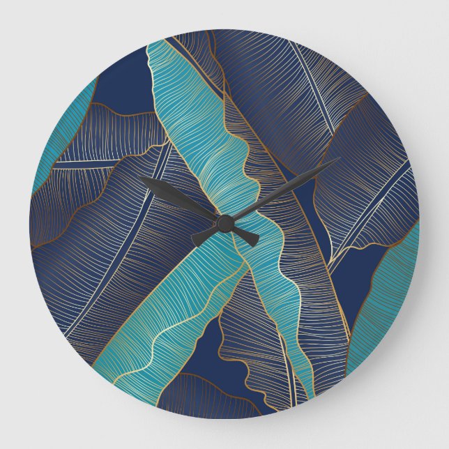 Golden Banana Leaf: Luxuriöses Muster. Große Wanduhr (Vorderseite)