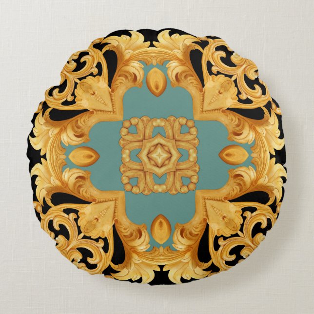 Golden Baroque Ornament 3D Elemente Rundes Kissen (Vorderseite)