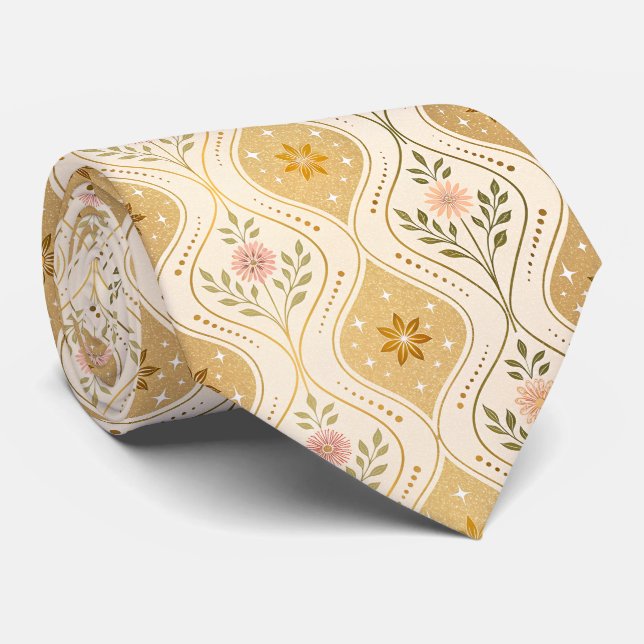 Golden Beige Retro Floral Mid-Century Krawatte (Gerollt)