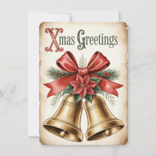 Golden Bells & Poinsettia - Vintage Weihnachtsgrüß Feiertagskarte