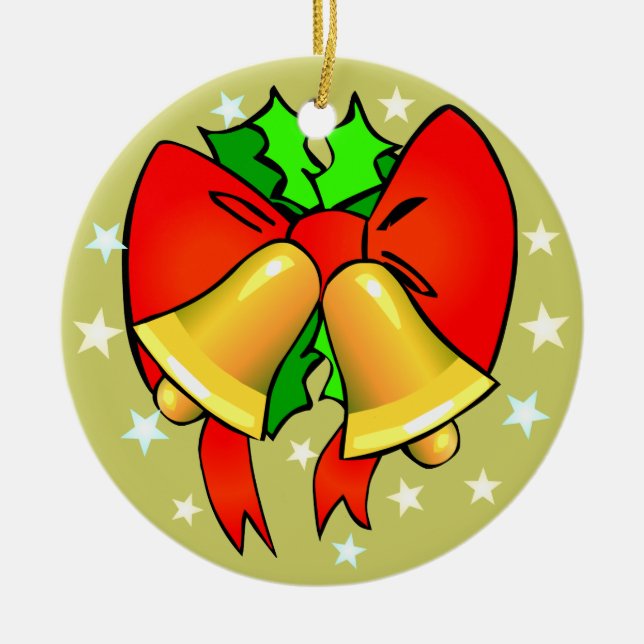 Golden Bells Red Bows Green Heilige Weihnachten Keramik Ornament (Vorne)