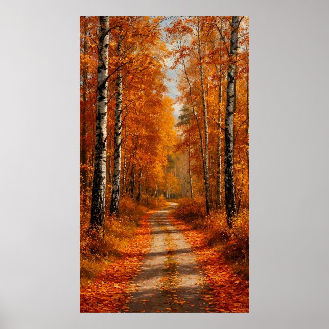 🍂 Golden Birch Forest Path in Soft Autumn Light ✨ Poster (Vorne)