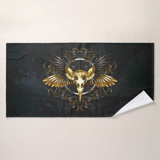 Golden Bird Skull auf schwarzem Hintergrund Badehandtuch (Badehandtuch)