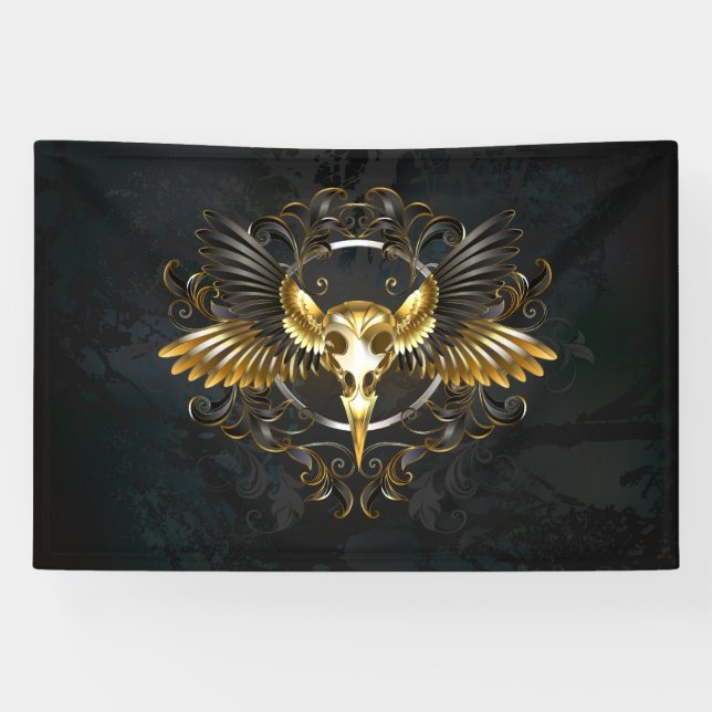 Golden Bird Skull auf schwarzem Hintergrund Banner (Horizontal)