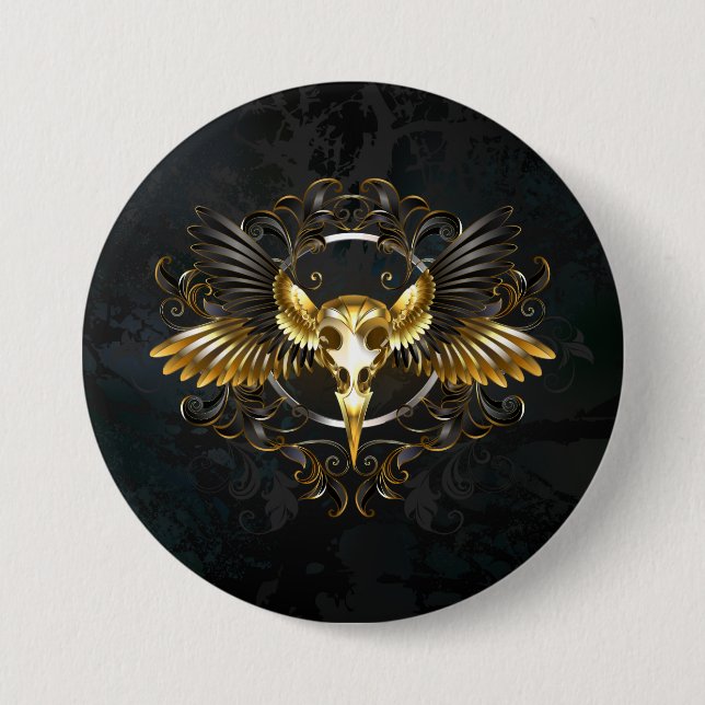 Golden Bird Skull auf schwarzem Hintergrund Button (Vorderseite)