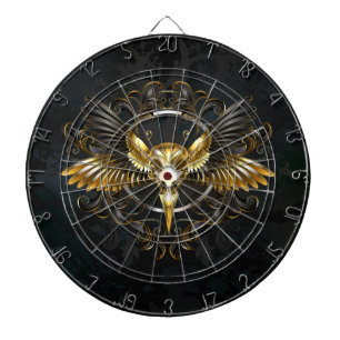 Golden Bird Skull auf schwarzem Hintergrund Dartscheibe