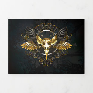 Golden Bird Skull auf schwarzem Hintergrund Dreifach Gefaltete Ankündigung