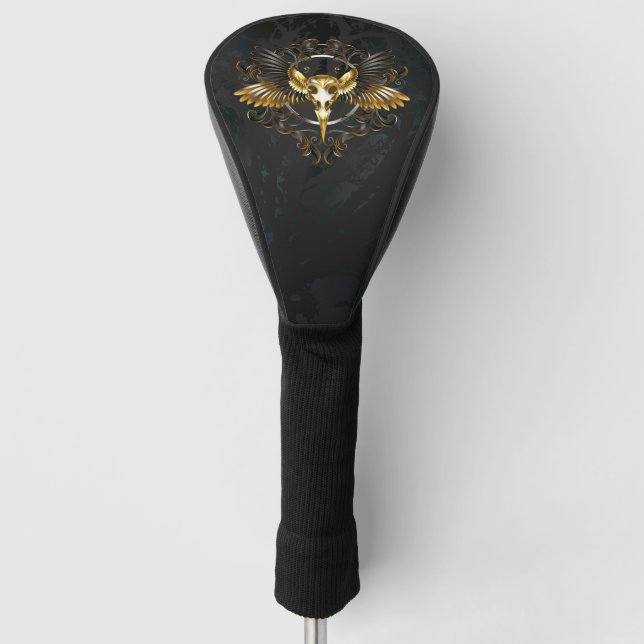 Golden Bird Skull auf schwarzem Hintergrund Golf Headcover (Vorderseite)