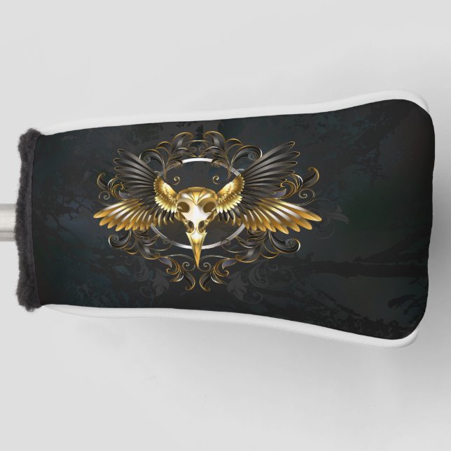Golden Bird Skull auf schwarzem Hintergrund Golf Headcover (Vorderseite)