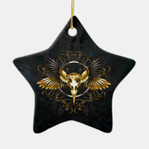 Golden Bird Skull auf schwarzem Hintergrund Keramik Ornament