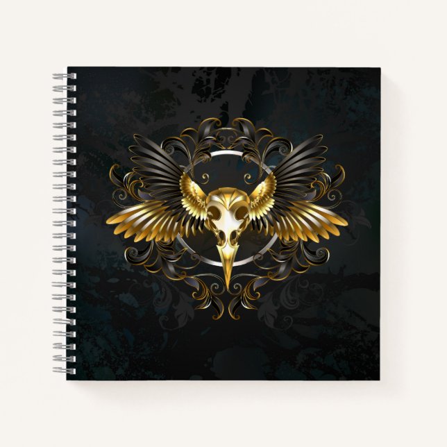 Golden Bird Skull auf schwarzem Hintergrund Notizbuch (Vorderseite)