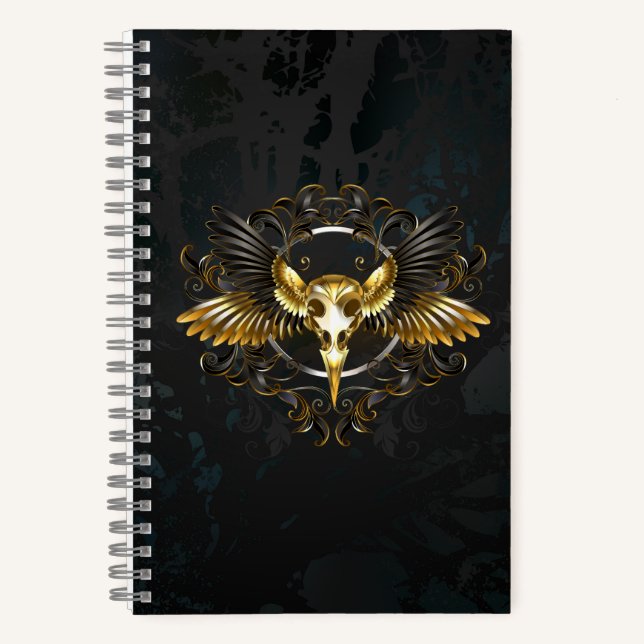 Golden Bird Skull auf schwarzem Hintergrund Notizbuch (Vorderseite)