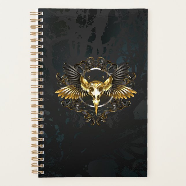 Golden Bird Skull auf schwarzem Hintergrund Planer (Vorderseite)