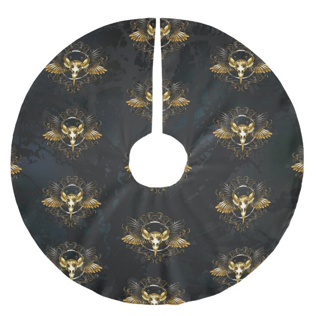 Golden Bird Skull auf schwarzem Hintergrund Polyester Weihnachtsbaumdecke (Vorderseite)