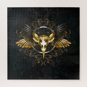 Golden Bird Skull auf schwarzem Hintergrund Puzzle