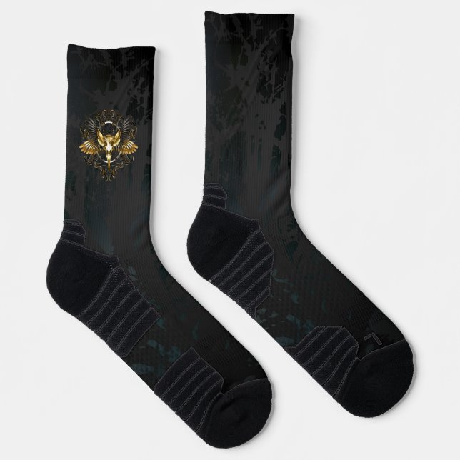 Golden Bird Skull auf schwarzem Hintergrund Socken (Rechts)
