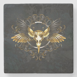 Golden Bird Skull auf schwarzem Hintergrund Steinuntersetzer