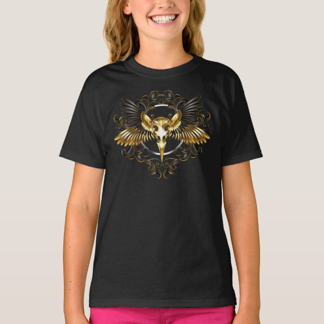 Golden Bird Skull auf schwarzem Hintergrund T-Shirt (Vorderseite)