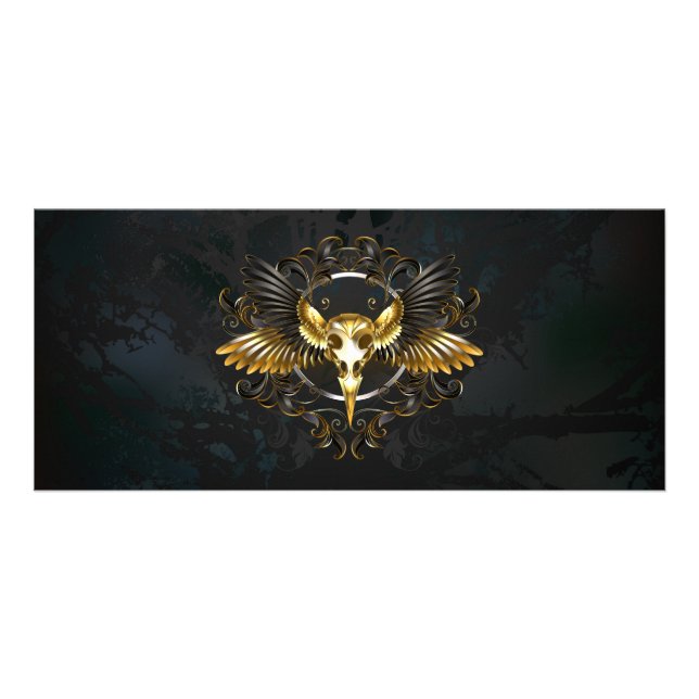 Golden Bird Skull auf schwarzem Hintergrund Werbekarte (Vorne)